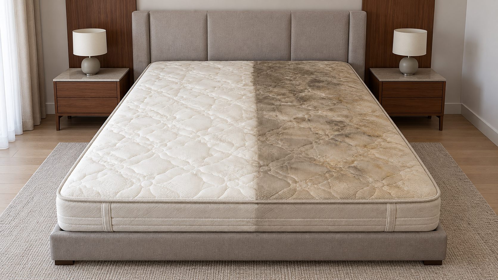 Colchão claro sobre cama estofada: metade direita com manchas de uso, metade esquerda higienizada
