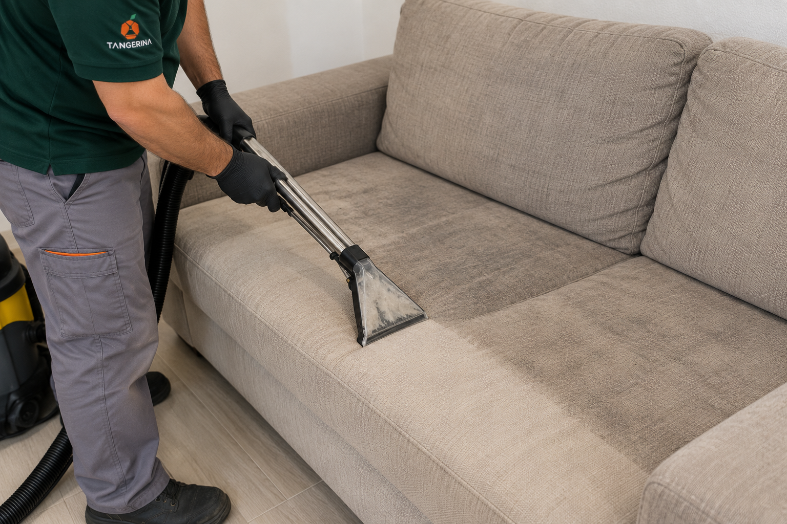 Profissional com o uniforme verde da Tangerina higienizando com extratora o assento de um sofá bege